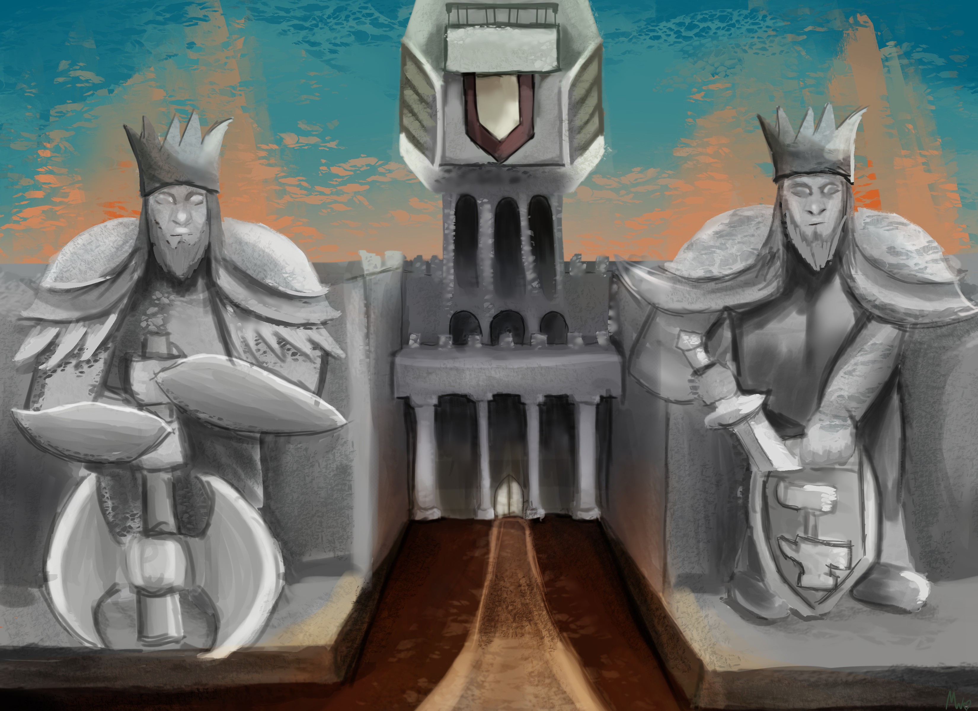 A digital painting of a fantasy stronghold entrance with two statues.